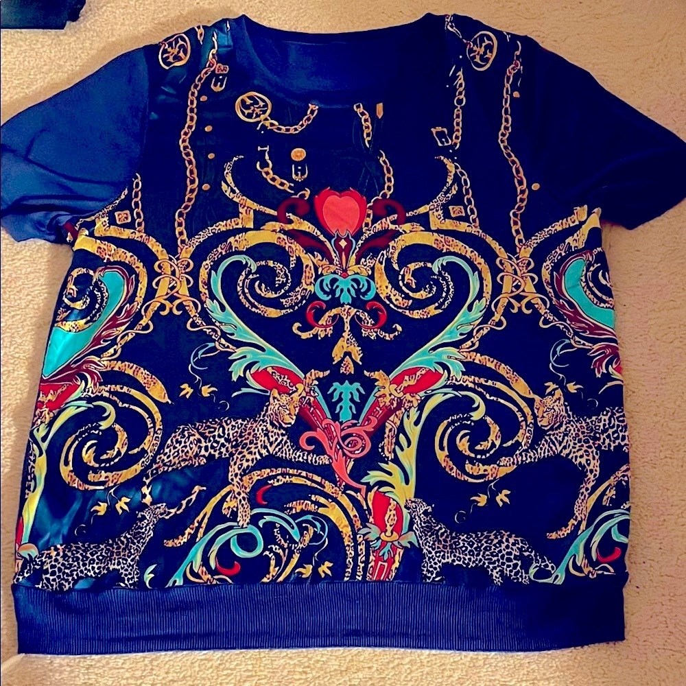 Blue 100% SILK  Baroque Print T-Shirt. /NWT